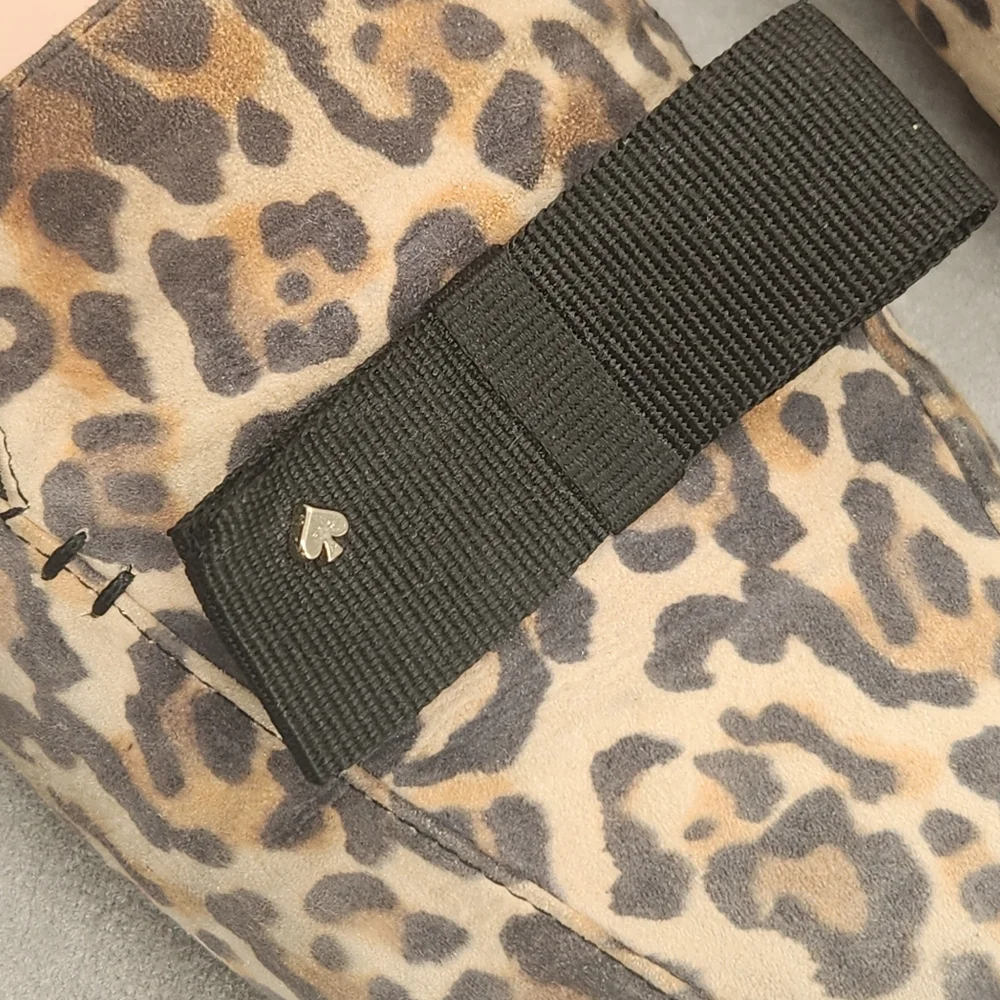 Kate Spade Loafers 8.5 Leopard Tan Leather Daphne Black Bow Logo Animal Print